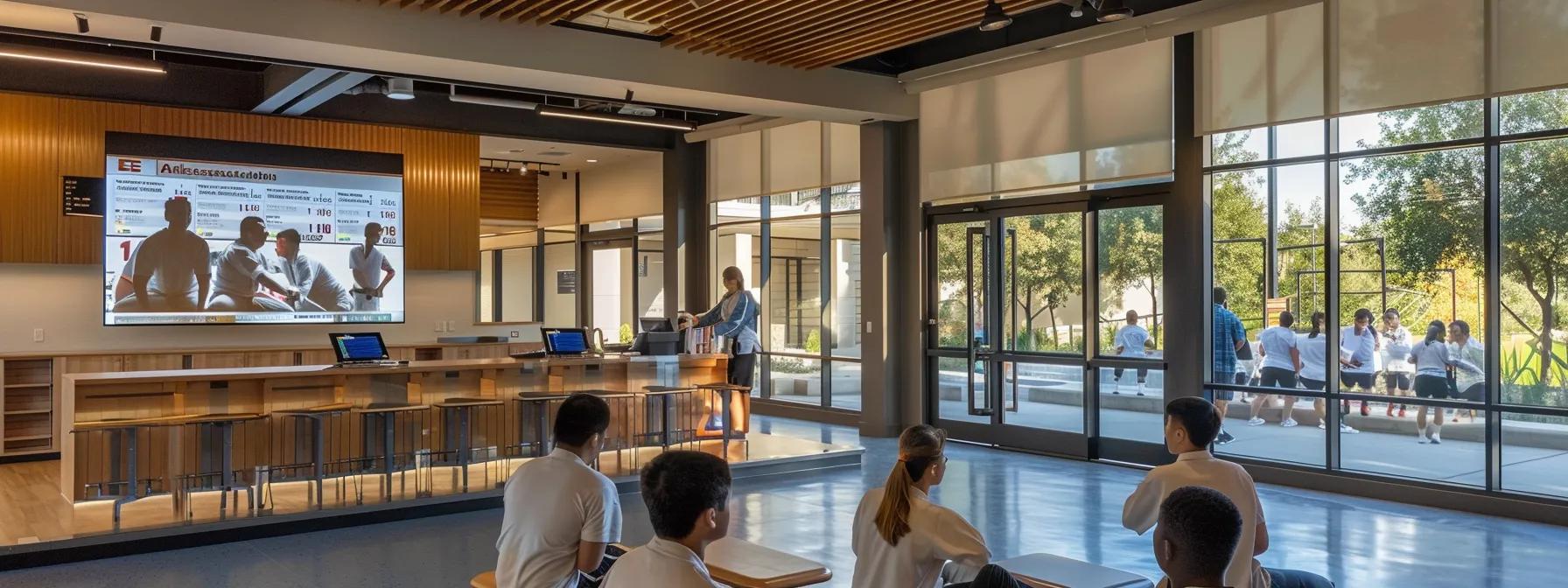 a modern martial arts school interior showcases an instructor engaging with students in a dynamic class setting, while a digital attendance software interface is prominently displayed on a sleek tablet at the front desk, symbolizing streamlined operations and enhanced communication. a modern martial arts school interior showcases an instructor engaging with students in a dynamic class setting, while a digital attendance software interface is prominently displayed on a sleek tablet at the front desk, symbolizing streamlined operations and enhanced communication.