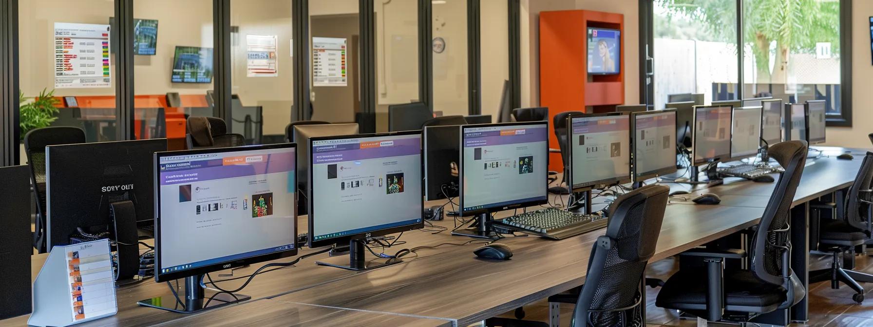 a modern martial arts school office setting showcases sleek computers displaying customized attendance software dashboards, emphasizing streamlined class scheduling and automated absence alerts, with instructors engaged in discussions about enhancing student retention strategies. a modern martial arts school office setting showcases sleek computers displaying customized attendance software dashboards, emphasizing streamlined class scheduling and automated absence alerts, with instructors engaged in discussions about enhancing student retention strategies.