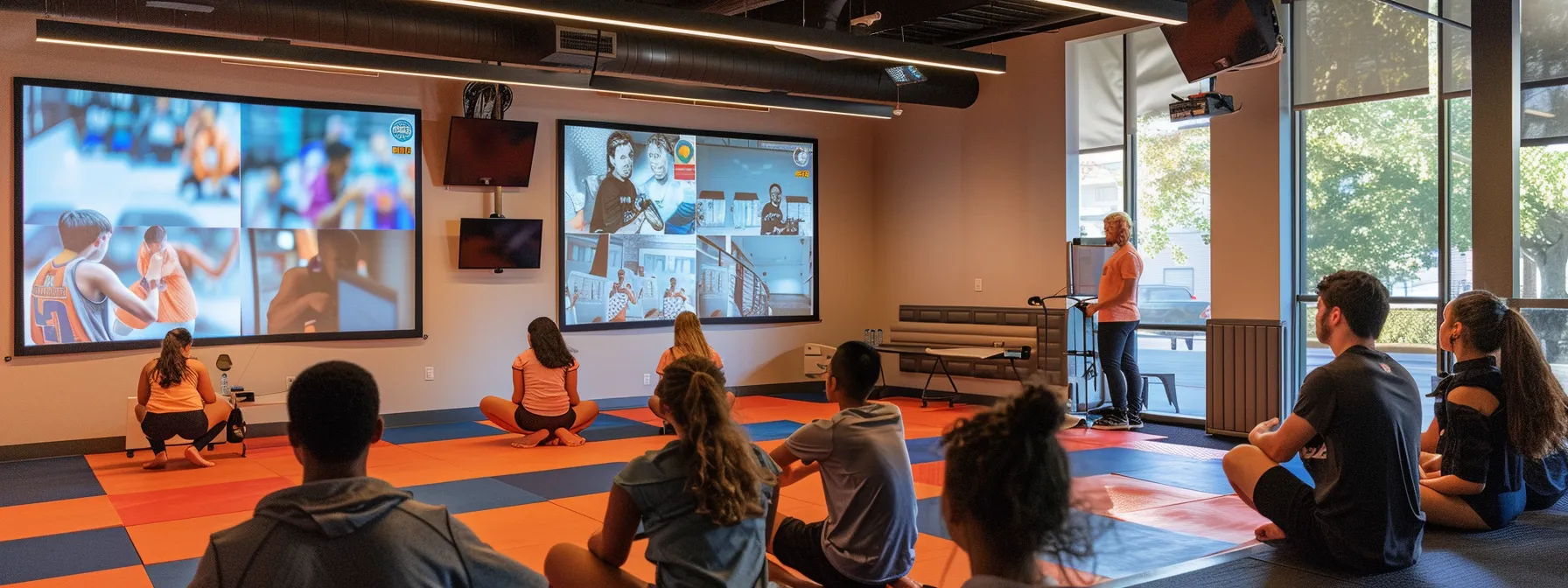 a modern martial arts school classroom features an instructor guiding a diverse group of students engaged in a digital attendance software demonstration, with interactive screens and vibrant training mats in a well-lit environment. a modern martial arts school classroom features an instructor guiding a diverse group of students engaged in a digital attendance software demonstration, with interactive screens and vibrant training mats in a well-lit environment.