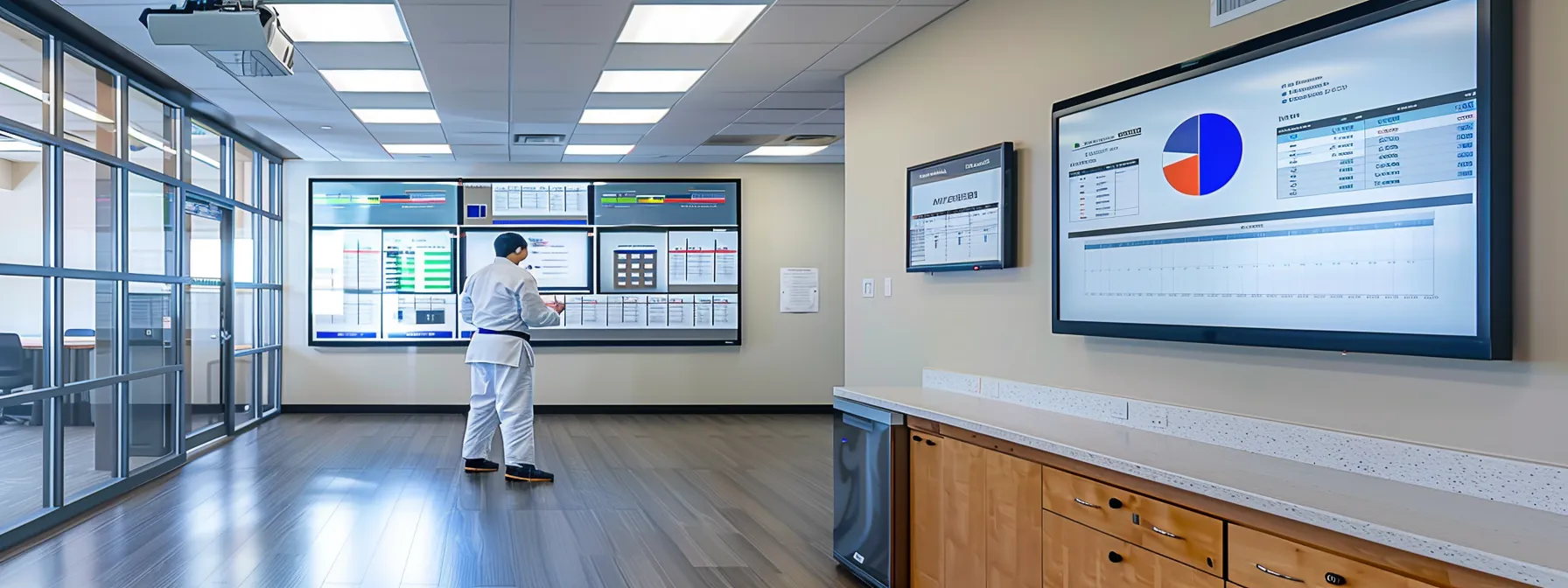 a modern martial arts school office is depicted, showcasing a sleek, high-tech management dashboard on a large screen, with a clean, organized workspace that reflects streamlined operations and integrated payment systems, all under dynamic, bright lighting to emphasize efficiency and professionalism. a modern martial arts school office is depicted, showcasing a sleek, high-tech management dashboard on a large screen, with a clean, organized workspace that reflects streamlined operations and integrated payment systems, all under dynamic, bright lighting to emphasize efficiency and professionalism.