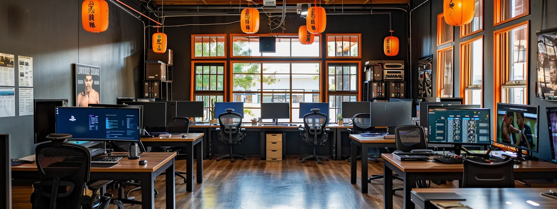 a modern martial arts school office is depicted, featuring sleek computer screens displaying automated membership management software, surrounded by neatly organized schedules and engaged students participating in class, all bathed in bright, efficient lighting. a modern martial arts school office is depicted, featuring sleek computer screens displaying automated membership management software, surrounded by neatly organized schedules and engaged students participating in class, all bathed in bright, efficient lighting.
