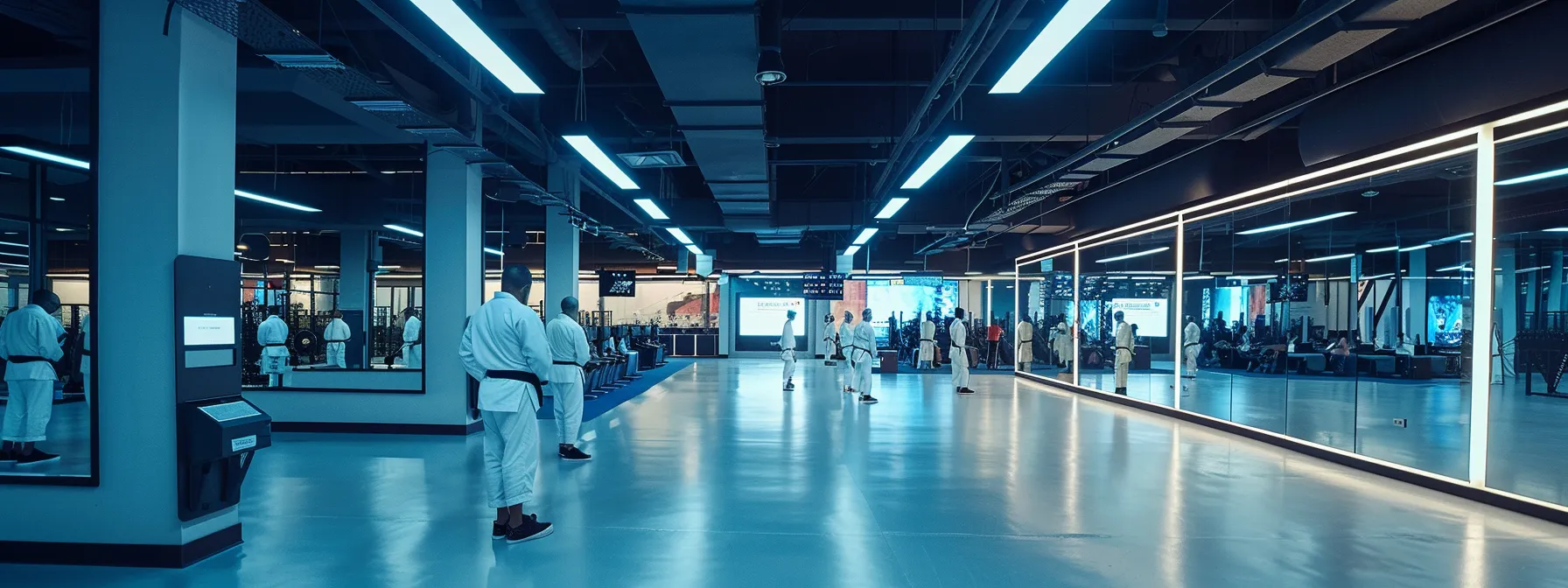 a modern martial arts studio with instructors efficiently utilizing attendance software on sleek tablets, surrounded by a busy class of students seamlessly checking in at a digital kiosk, all under bright, focused lighting that emphasizes the streamlined operational flow. a modern martial arts studio with instructors efficiently utilizing attendance software on sleek tablets, surrounded by a busy class of students seamlessly checking in at a digital kiosk, all under bright, focused lighting that emphasizes the streamlined operational flow.