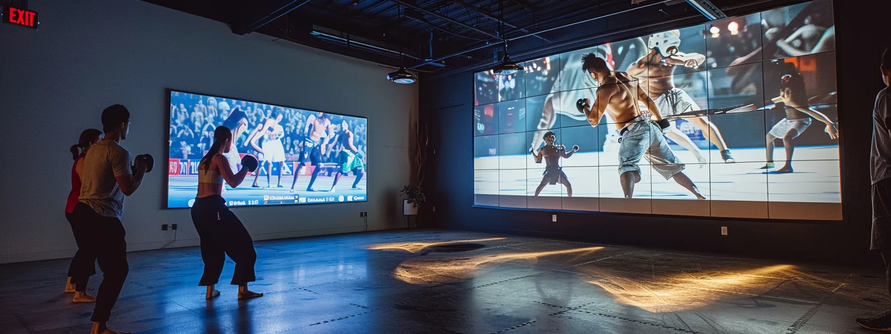 a modern martial arts studio interior showcases instructors engaged in dynamic training with the new membership management software on sleek tablets, while students interactively explore the online registration portal on a large wall-mounted screen, all under bright, focused lighting. a modern martial arts studio interior showcases instructors engaged in dynamic training with the new membership management software on sleek tablets, while students interactively explore the online registration portal on a large wall-mounted screen, all under bright, focused lighting.
