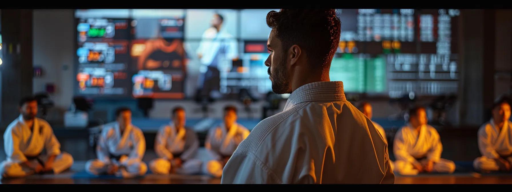 a modern martial arts studio features a sleek digital attendance dashboard displayed prominently in the background, while instructors engage with students on the training mats, illustrating the efficiency and organization brought by integrating attendance software into their management practices. a modern martial arts studio features a sleek digital attendance dashboard displayed prominently in the background, while instructors engage with students on the training mats, illustrating the efficiency and organization brought by integrating attendance software into their management practices.