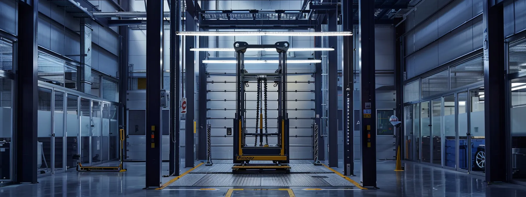 Choosing the Right Two Post Car Lift for Your Garage or Shop a modern mechanic shop features a robust two-post lift prominently positioned under bright industrial lighting, showcasing the meticulous evaluation of weight specifications and hydraulic systems essential for handling luxury vehicles efficiently.