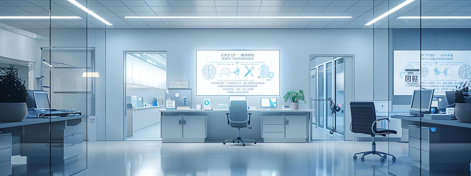 a modern medical office setting with a sleek examination room, featuring a digital display screen showing a clear infographic on lifestyle changes that reduce ggt levels, illuminated by bright, focused artificial lighting for a professional atmosphere.