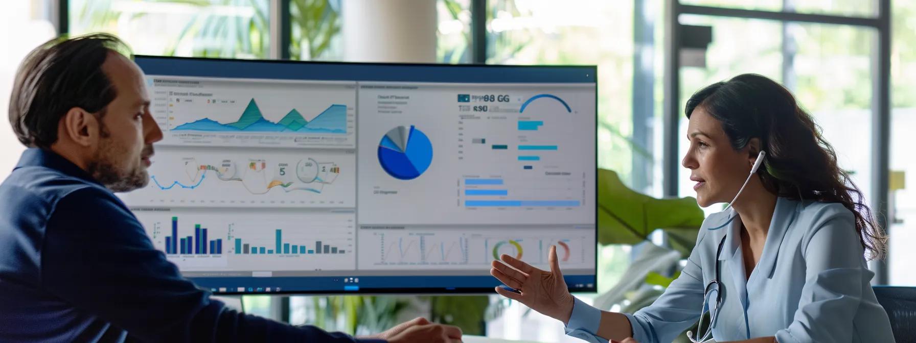 a modern medical office setting features a focused doctor and patient engaged in a collaborative discussion around a digital monitor displaying charts and graphs, emphasizing the importance of regular monitoring to manage elevated ggt levels.