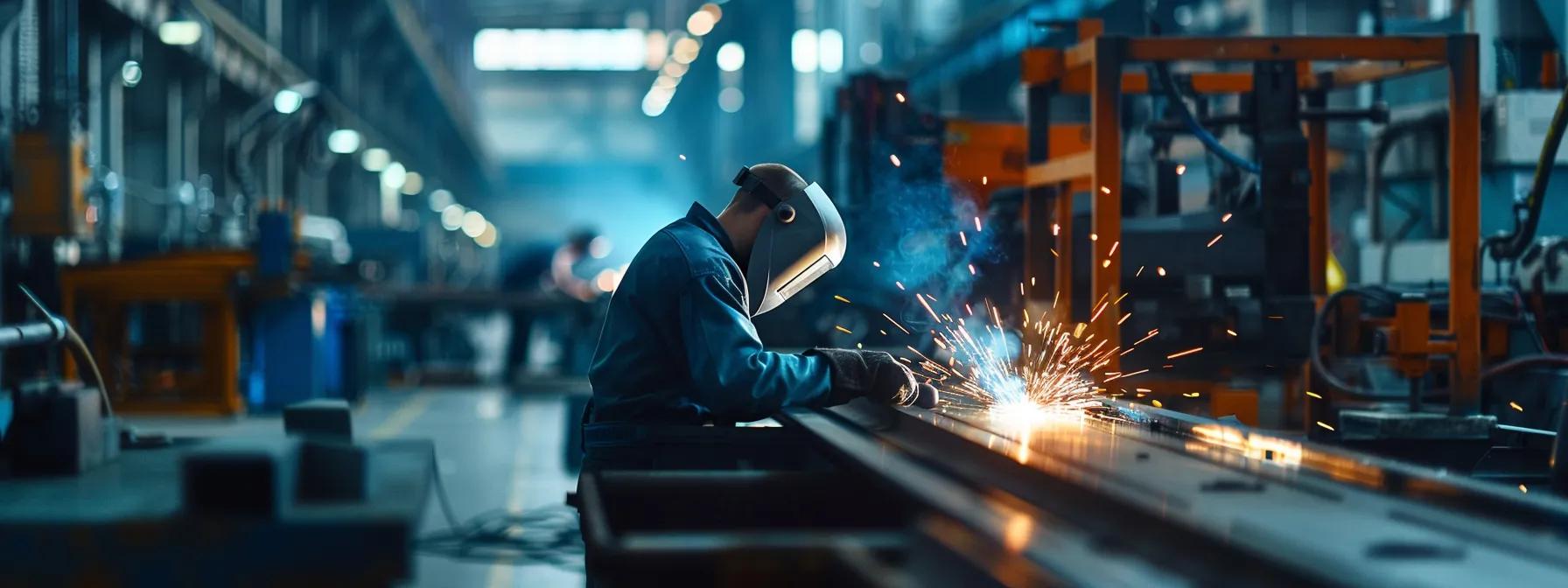 a modern metal fabrication workshop is filled with precisely arranged machinery, showcasing iso-compliant processes in action, with a focus on a welder expertly combining metal pieces under bright, focused industrial lighting.