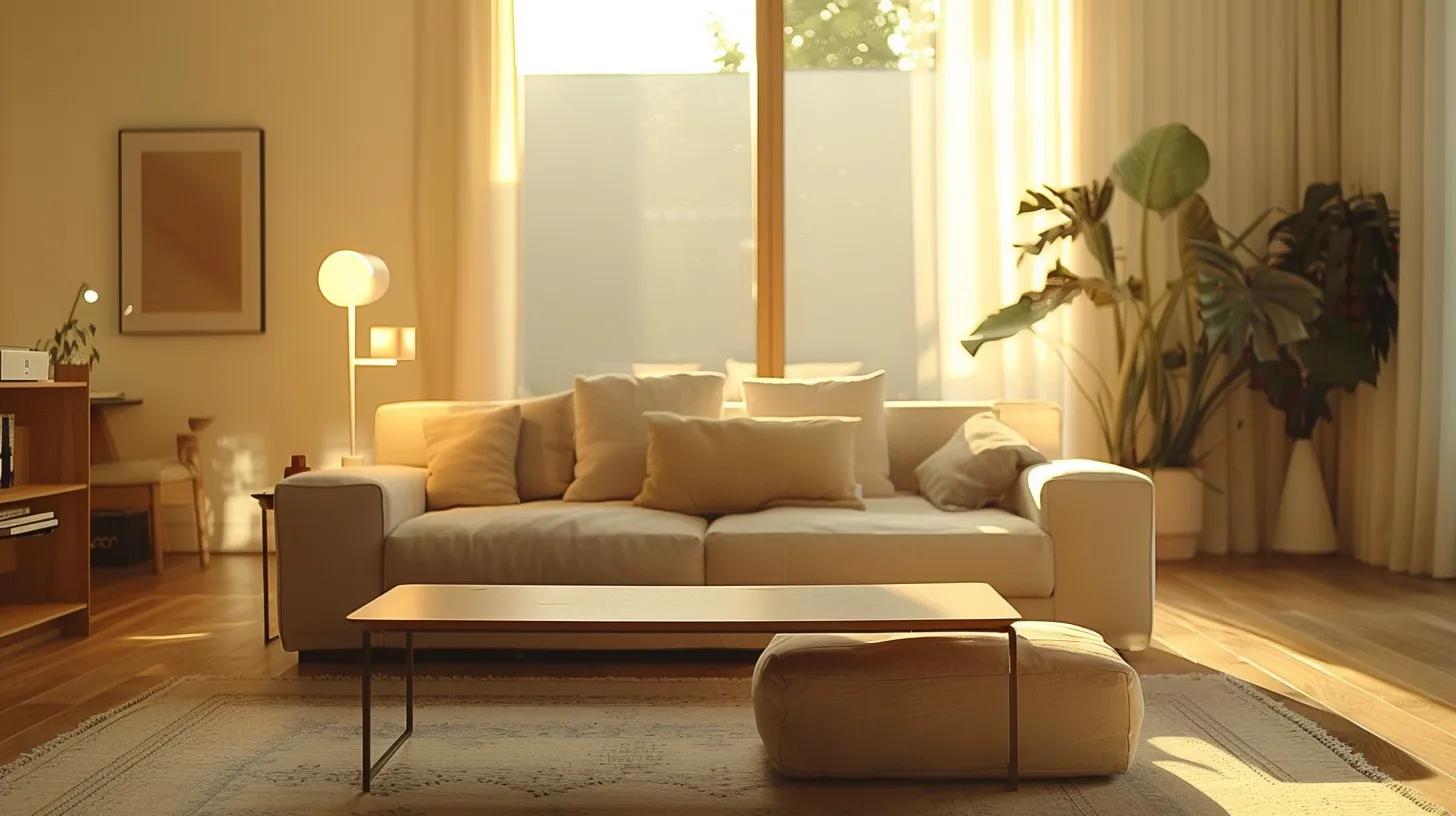 a modern, minimalist living room bathed in soft, warm light showcases meticulously organized furniture and decor, symbolizing the serene clarity achieved through a clean and orderly home environment.