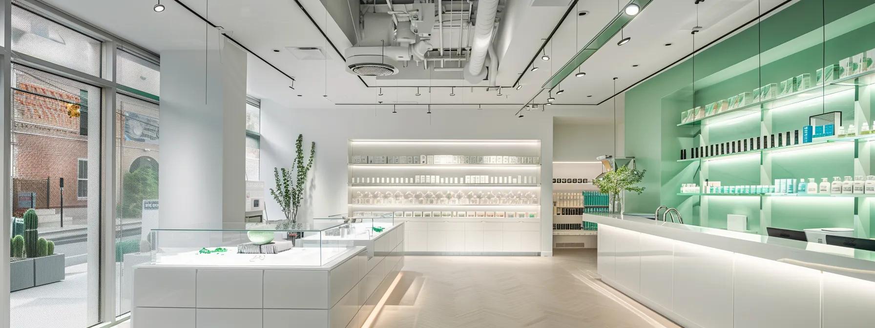 a modern nyc waxing salon interior showcases a skilled technician preparing for a tailored male waxing session, emphasizing an atmosphere of cleanliness and professional care with sleek white walls, sterile tools, and soothing jade-green accents.
