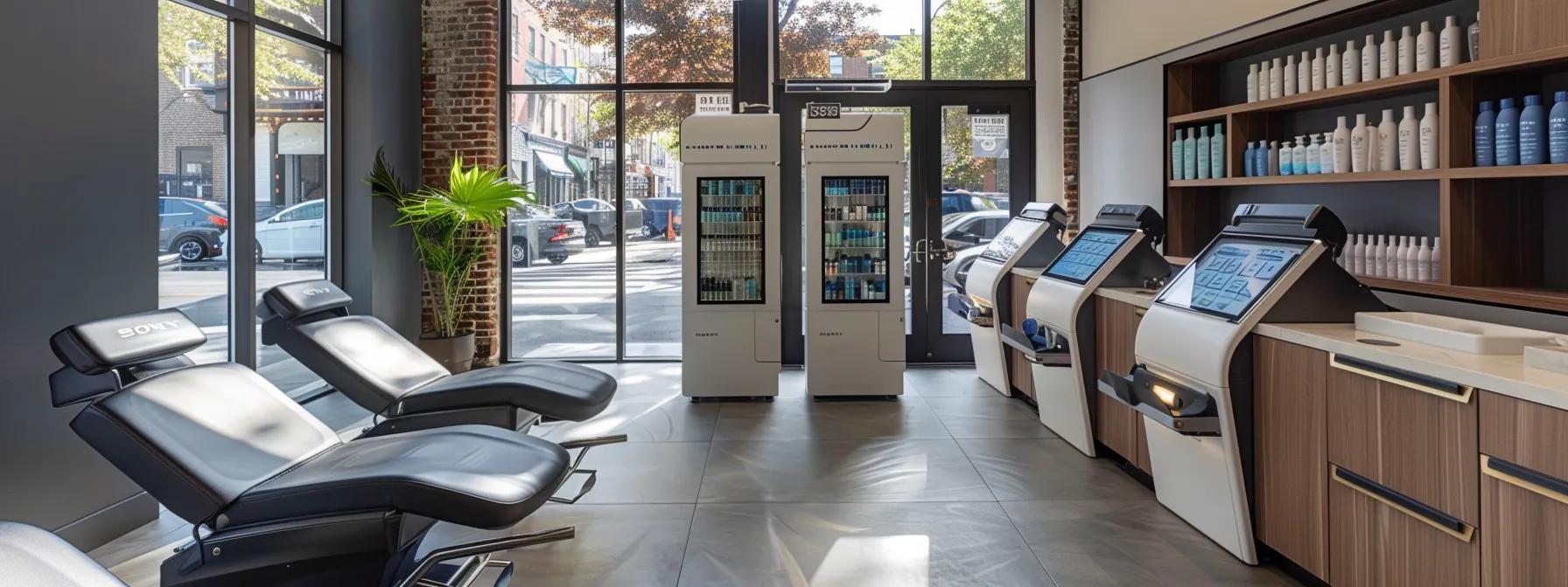 a modern nyc waxing salon showcases sleek, high-tech waxing stations equipped with innovative cooling devices and eco-friendly products, emphasizing comfort and sustainability in male grooming services.