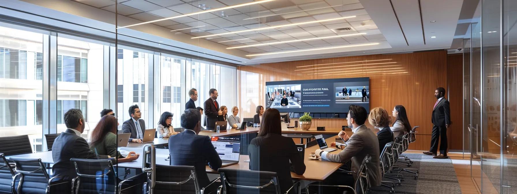 a modern office conference room is filled with financial professionals engaged in a dynamic discussion, surrounded by sleek digital displays showcasing the latest fannie mae condo llpa guidelines and analytics, emphasizing clarity and collaboration in the evolving real estate landscape.