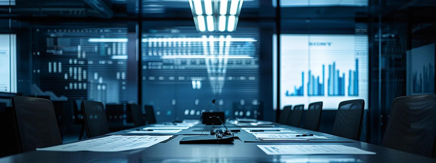 a modern office conference room, featuring a sleek table surrounded by architectural plans and cost breakdown charts for a house extension project, illuminated by bright overhead lights that highlight the detailed designs and financial projections.
