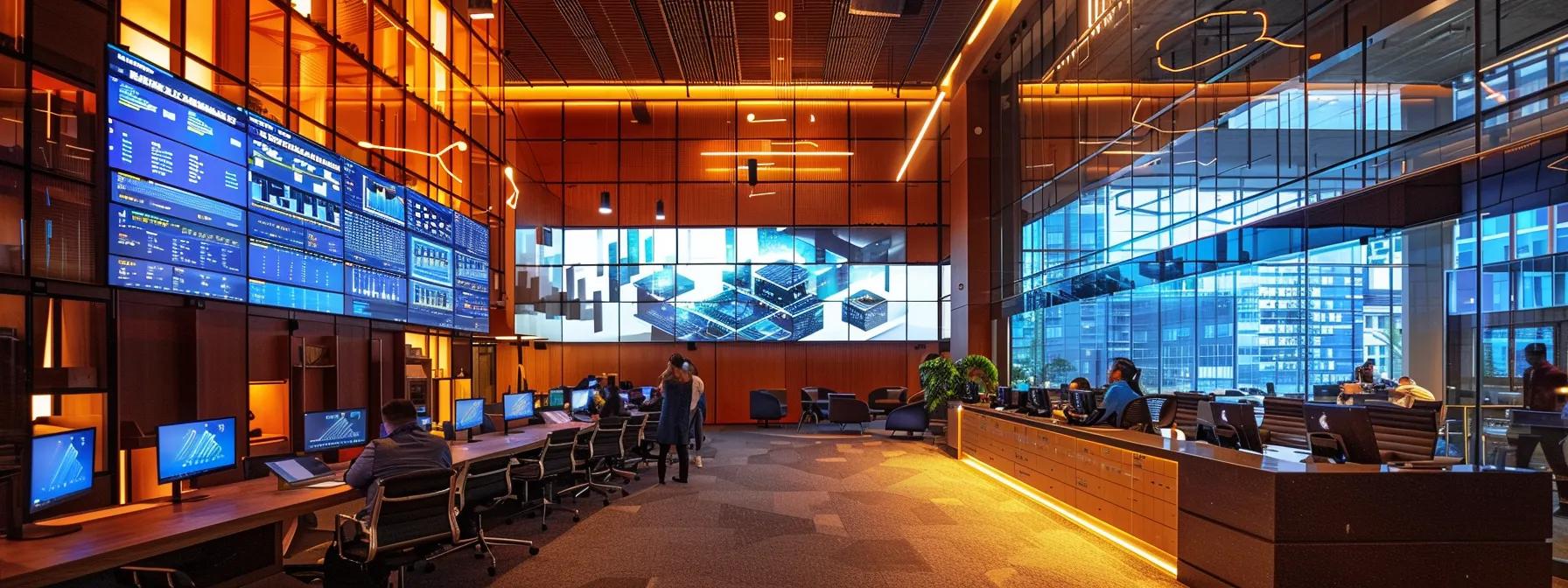 a modern office conference room is filled with diverse professionals collaboratively discussing aml software implementation, illuminated by overhead lights, showcasing a digital screen displaying complex data flow and compliance mappings.