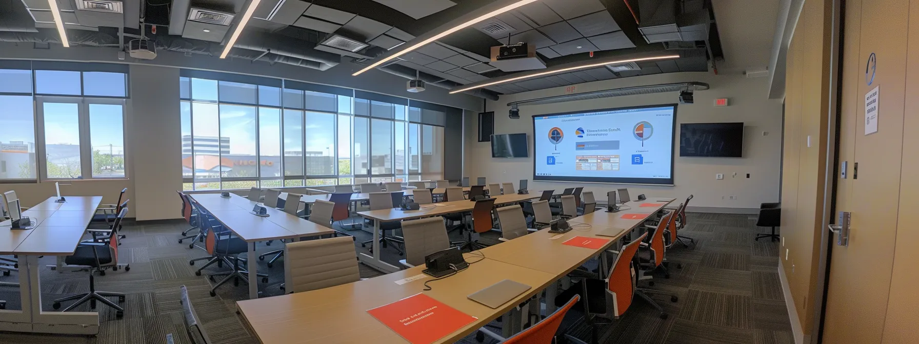 a modern office conference room features a sleek presentation setup showcasing a detailed side-by-side comparison of mini-split and traditional hvac systems, with vibrant charts and diagrams highlighting energy efficiency and cost benefits projected on the screen.