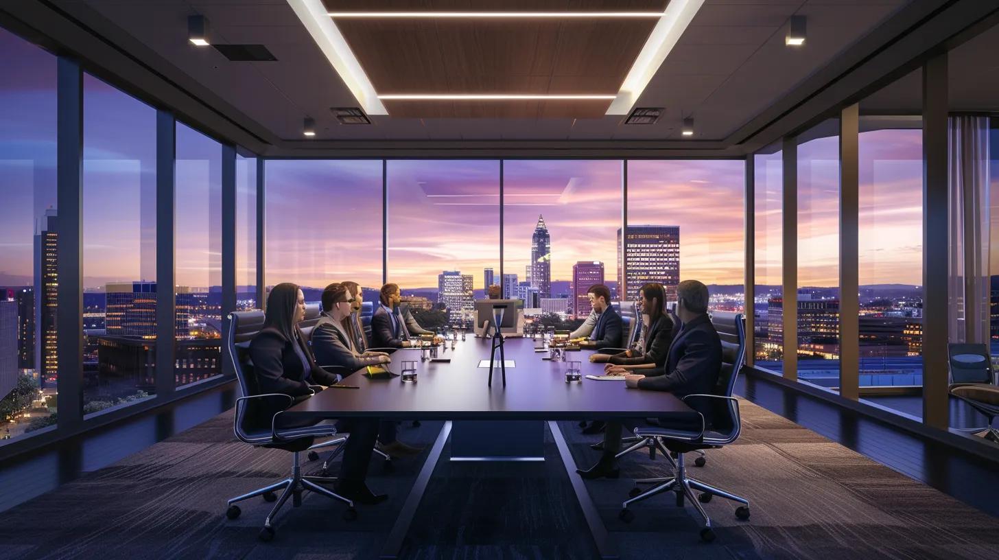 a modern office conference room in knoxville, featuring a sleek table surrounded by professionals engaged in a dynamic discussion, with city skyline views through large windows that reflect the vibrant urban renewal and strategic planning in construction. a modern office conference room in knoxville, featuring a sleek table surrounded by professionals engaged in a dynamic discussion, with city skyline views through large windows that reflect the vibrant urban renewal and strategic planning in construction.