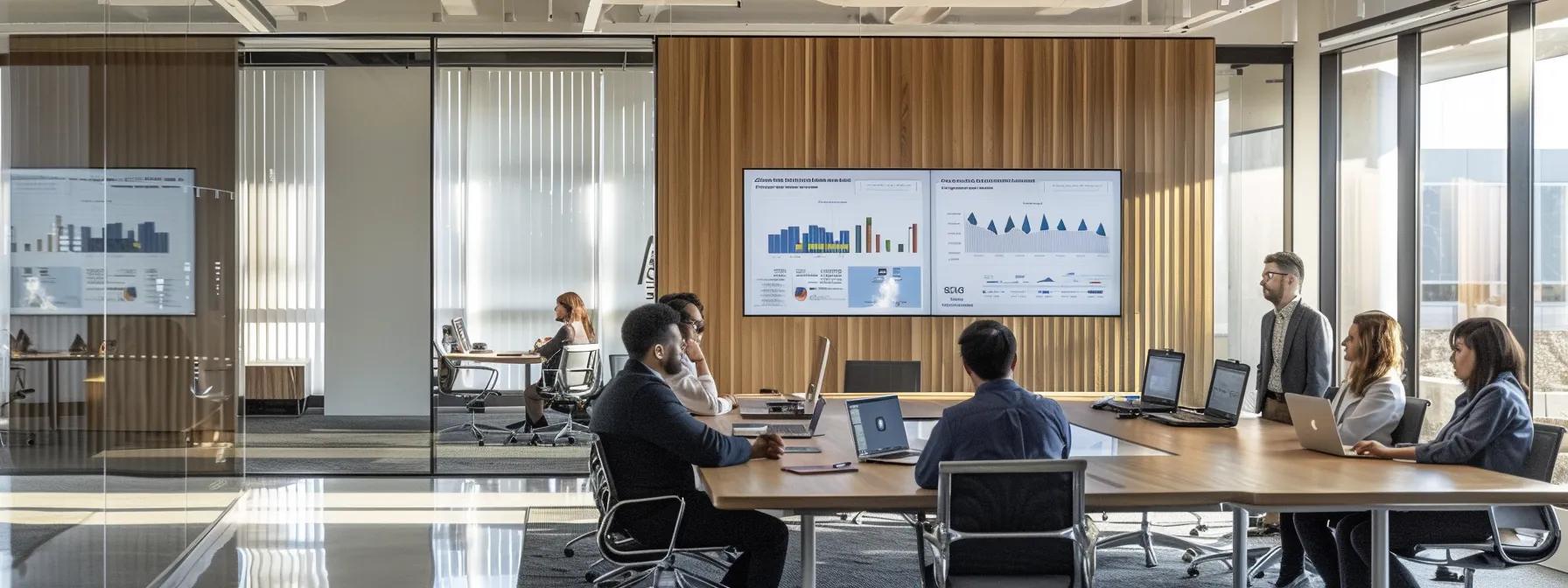 a modern office conference room features a diverse team engaged in a strategic discussion, with a large digital display showcasing graphs and metrics that highlight the importance of nurturing long-term partnerships in commercial lawn services.