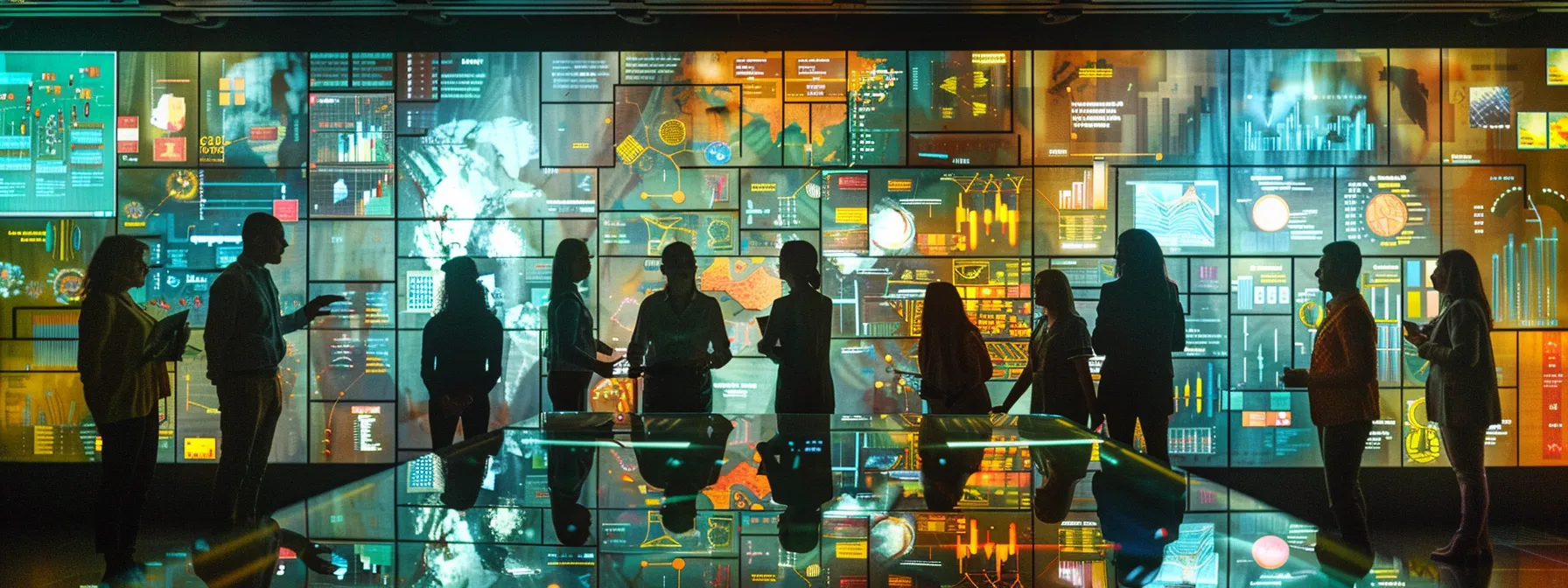 a modern office conference room features a sleek glass table surrounded by diverse team members actively engaged in a discussion, with vibrant charts and graphs displayed on a digital screen, illustrating the dynamic process of setting clear and measurable marketing objectives.