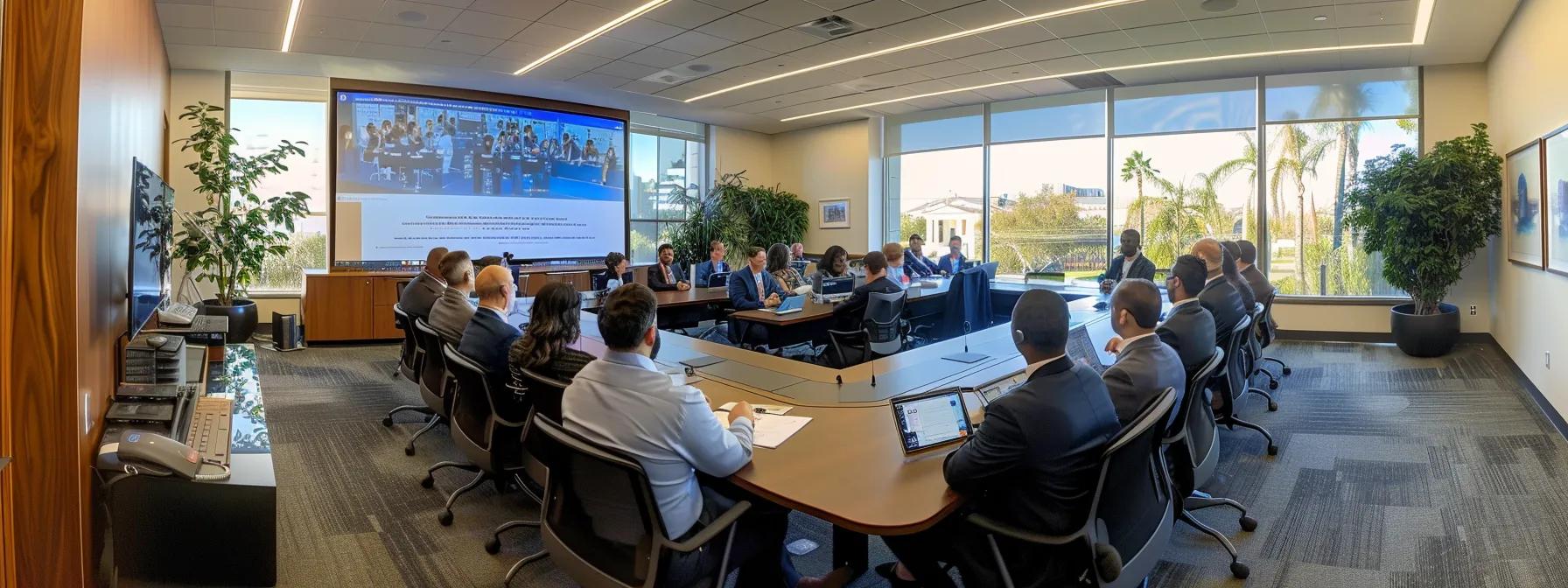 a modern office conference room, featuring a diverse group of professionals engaged in a serious discussion over property ownership rights, with a large screen displaying legal documents and charts summarizing florida property sales regulations. a modern office conference room, featuring a diverse group of professionals engaged in a serious discussion over property ownership rights, with a large screen displaying legal documents and charts summarizing florida property sales regulations.