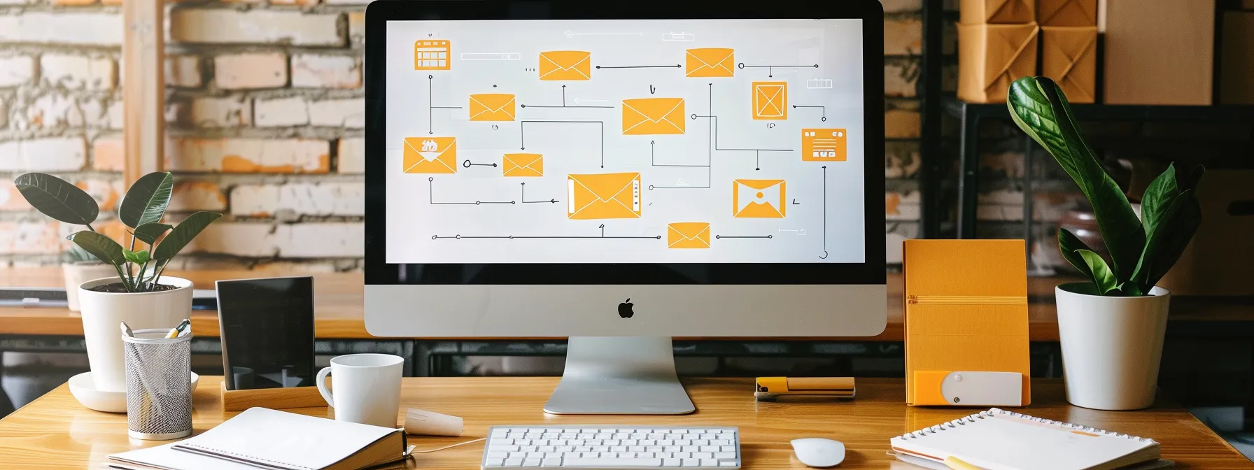 a modern office desk with a sleek computer monitor displaying a detailed email automation workflow diagram, surrounded by open notebooks and a cup of coffee. a modern office desk with a sleek computer monitor displaying a detailed email automation workflow diagram, surrounded by open notebooks and a cup of coffee.