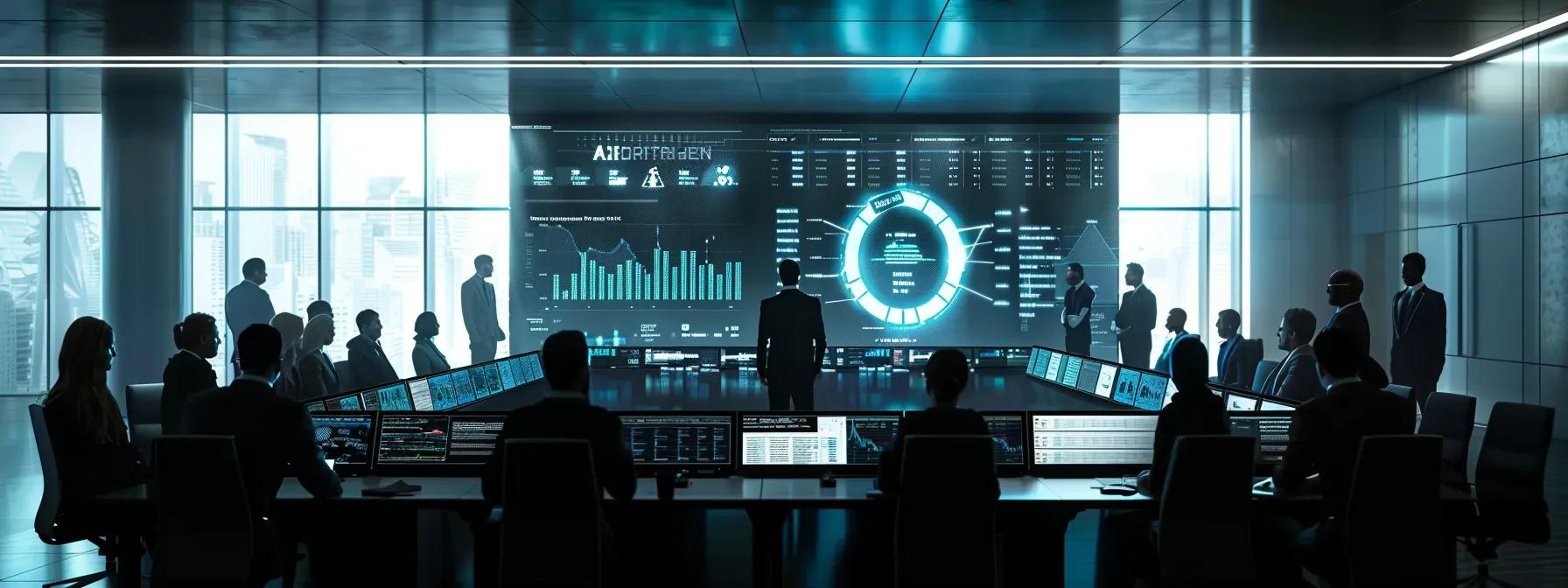 a modern office environment showcases a large conference table surrounded by professionals engaged in discussing enterprise digital transformation strategies, with interactive screens displaying graphs and metrics highlighting successful project outcomes.