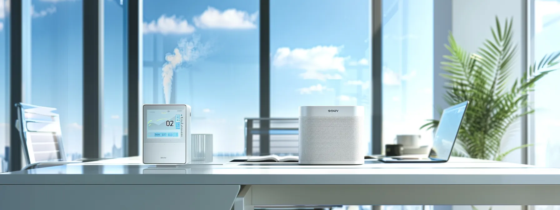 a modern office environment with a sleek air quality monitor prominently displayed on a crisp white desk, surrounded by sophisticated equipment and a clear blue sky visible through large panoramic windows, emphasizing the importance of professional assessments for indoor air quality.