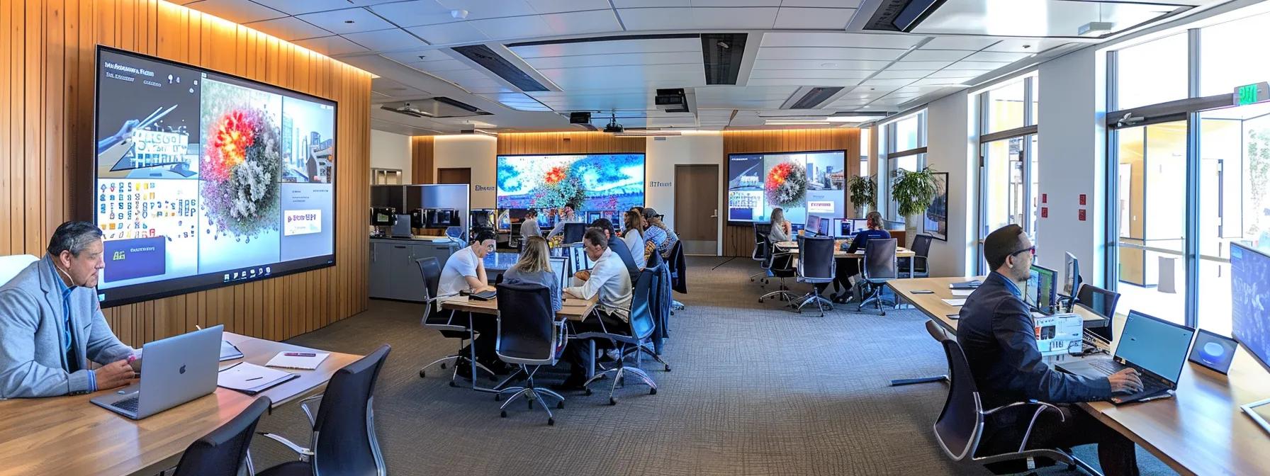 a modern office environment buzzes with activity as a diverse team collaborates around sleek laptops and digital screens, evaluating enterprise wordpress strategies during a vibrant consultation session.