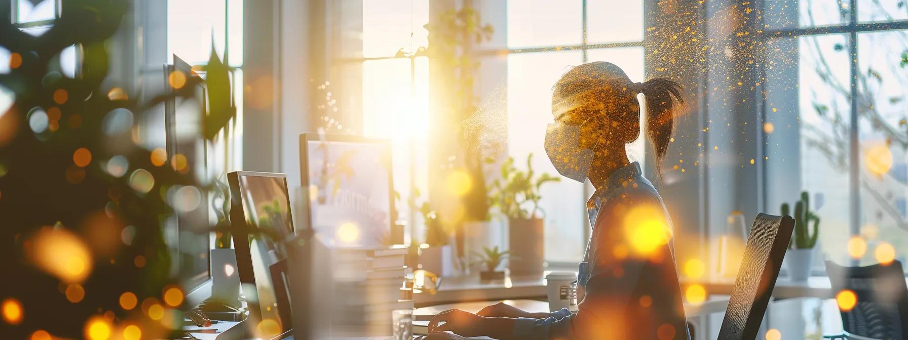 a modern office environment is filled with visible airborne particles, contrasted by a concerned individual wearing a protective mask, emphasizing the urgent issue of indoor air pollution and its impact on well-being.