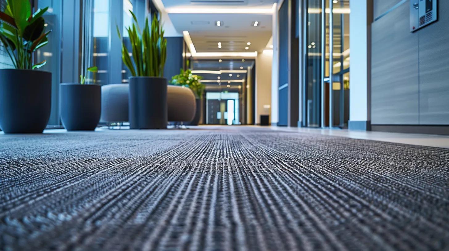 a modern office environment showcases a sleek carpet being meticulously cleaned by advanced equipment, highlighting the sharp contrast between pristine cleanliness and everyday wear, emphasizing the importance of professional care for indoor air quality and longevity.