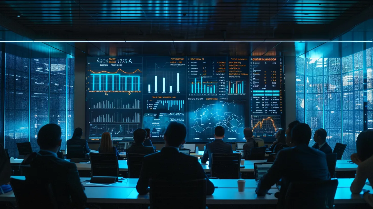 a modern office environment with a sleek conference room setup, featuring a large digital screen displaying vibrant graphs and charts highlighting wesley chapel real estate market trends, while a diverse group of professionals engages in an animated discussion, reflecting market insights for informed property decisions.