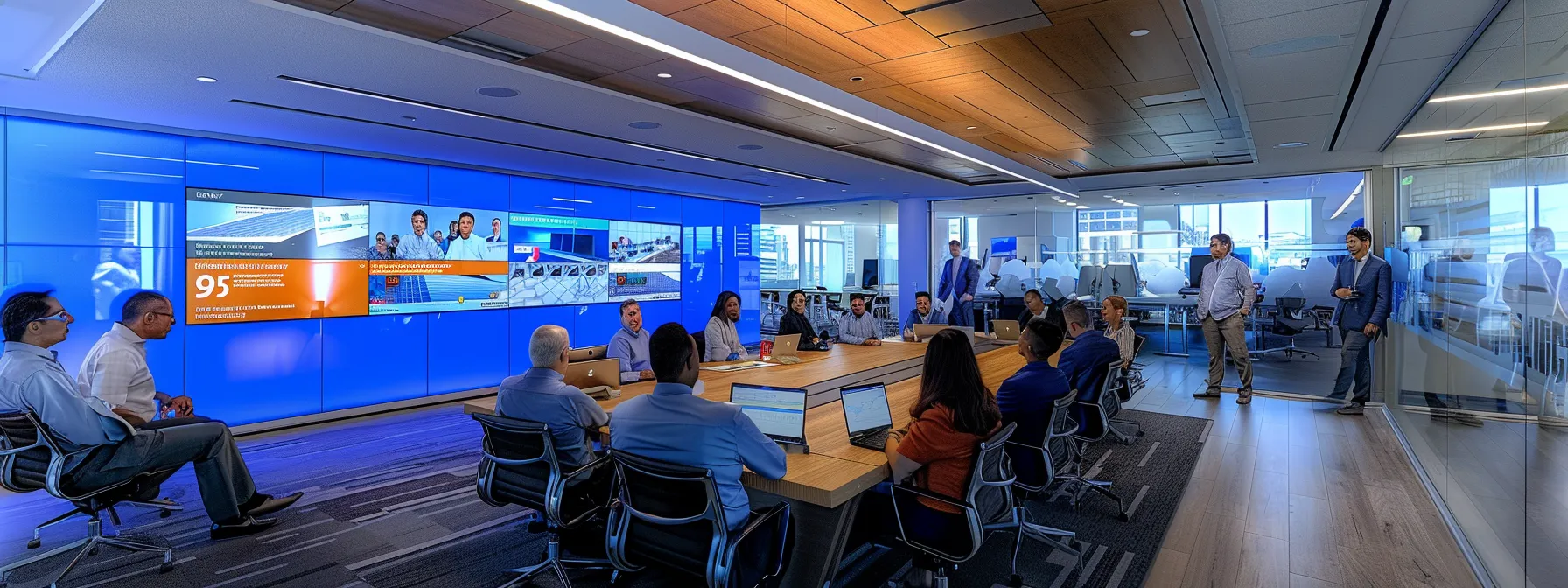 a modern office interior features a diverse group of professionals gathered around a sleek conference table, animatedly discussing solar tax incentives while reviewing financial reports displayed on digital screens.