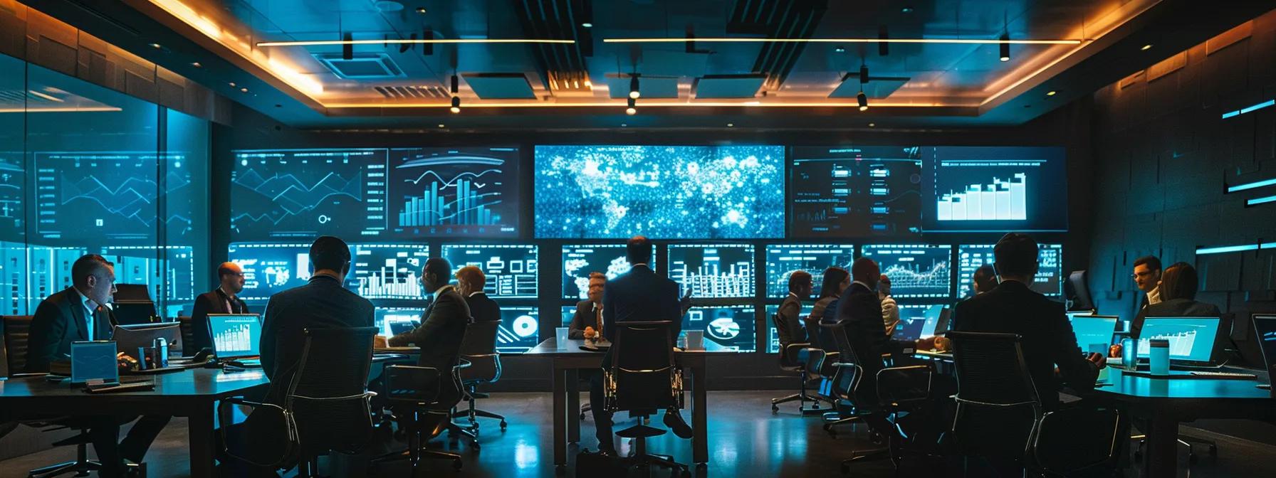 a modern office interior features a focused team of professionals engaged in a strategic meeting, surrounded by digital screens displaying fannie mae eligibility guidelines and mortgage application processes, illuminated by sharp, overhead lighting to emphasize their collaborative discussions.