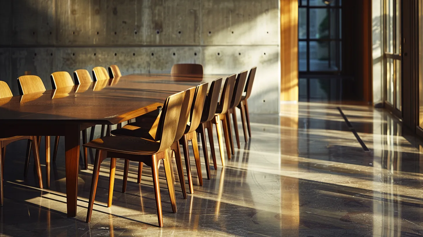 a modern office interior showcases an elegantly crafted teak conference table surrounded by minimalist chairs, emphasizing both the sophistication and economic advantages of investing in high-quality furniture. a modern office interior showcases an elegantly crafted teak conference table surrounded by minimalist chairs, emphasizing both the sophistication and economic advantages of investing in high-quality furniture.