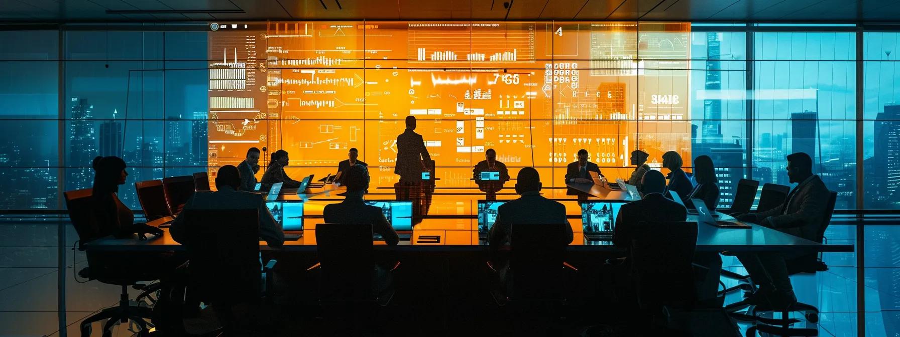 a modern office interior showcases a diverse team of professionals collaborating around a sleek conference table, with vibrant digital screens displaying website designs and analytics, highlighting the intersection of affordable web development and innovative technology.