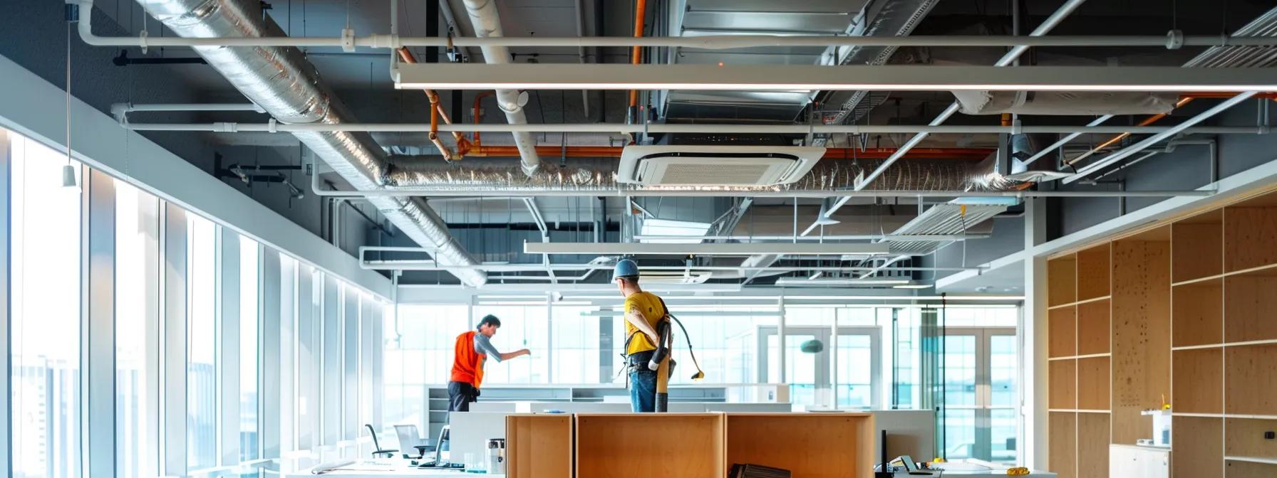 a modern office interior showcases a skilled technician expertly installing a ceiling cassette mini-split system, with intricate ductwork integration and specialized mounting equipment highlighted against a backdrop of sleek furnishings and ambient workspace design. a modern office interior showcases a skilled technician expertly installing a ceiling cassette mini-split system, with intricate ductwork integration and specialized mounting equipment highlighted against a backdrop of sleek furnishings and ambient workspace design.