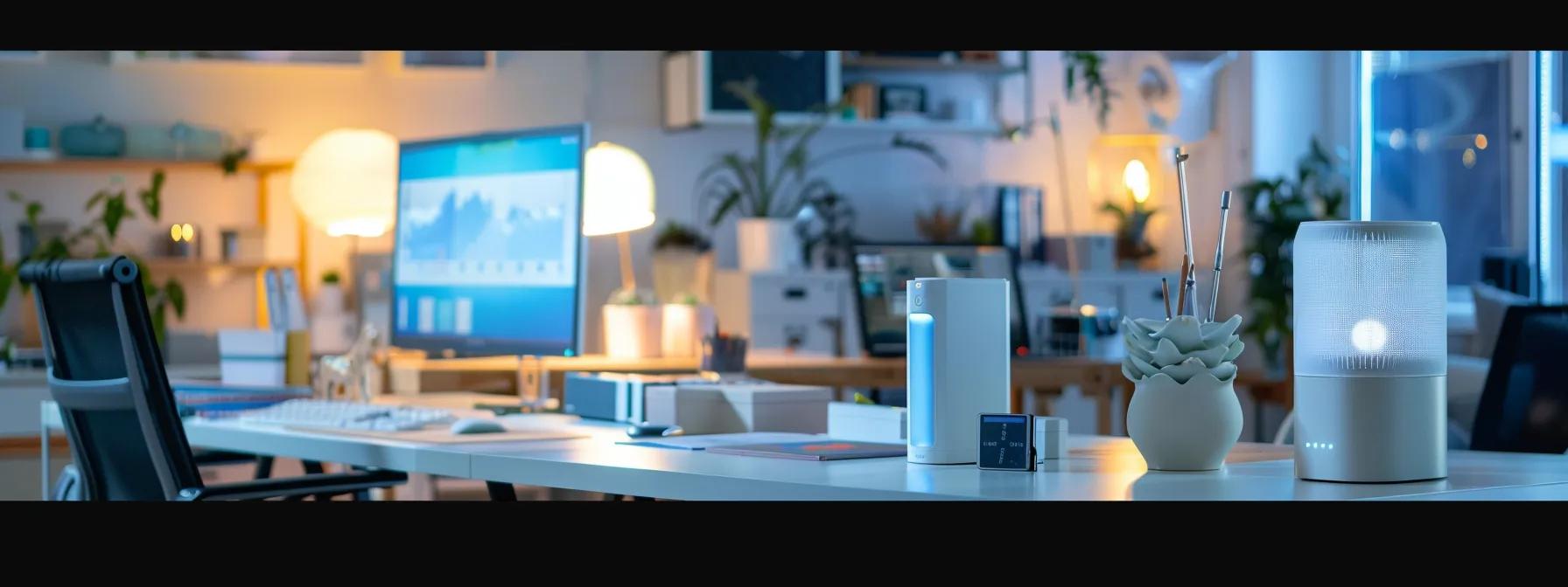 a modern office interior showcases high-tech air quality monitoring devices alongside sleek, organized workspaces, symbolizing proactive strategies to combat indoor air pollution and promote a healthier environment. a modern office interior showcases high-tech air quality monitoring devices alongside sleek, organized workspaces, symbolizing proactive strategies to combat indoor air pollution and promote a healthier environment.
