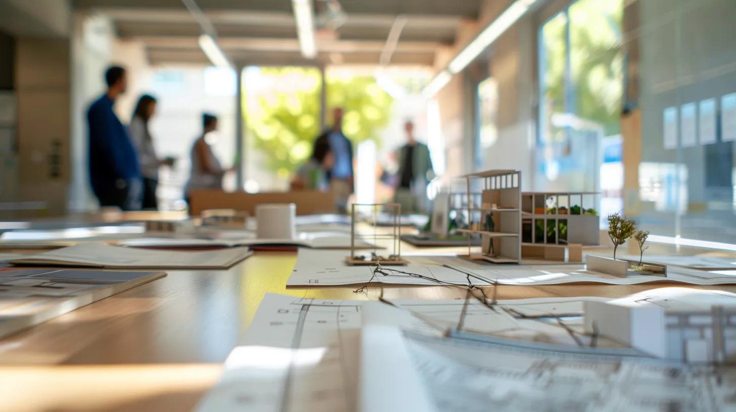 a modern office meeting room showcases a group of diverse professionals engaged in a discussion, surrounded by samples of trendy eco-friendly building materials and architectural blueprints, emphasizing a commitment to sustainable construction practices.