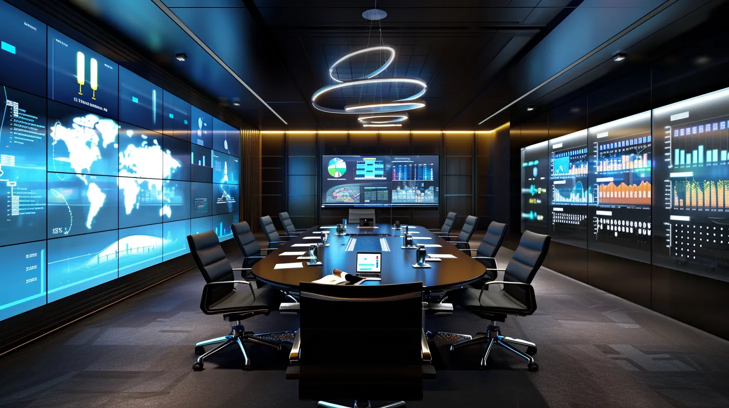 a modern office meeting room, with a sleek conference table displaying vibrant charts and graphs, where a diverse group of professionals engages in a focused discussion about the cost implications of cleaning services, highlighted by digital screens showcasing comparative pricing data.