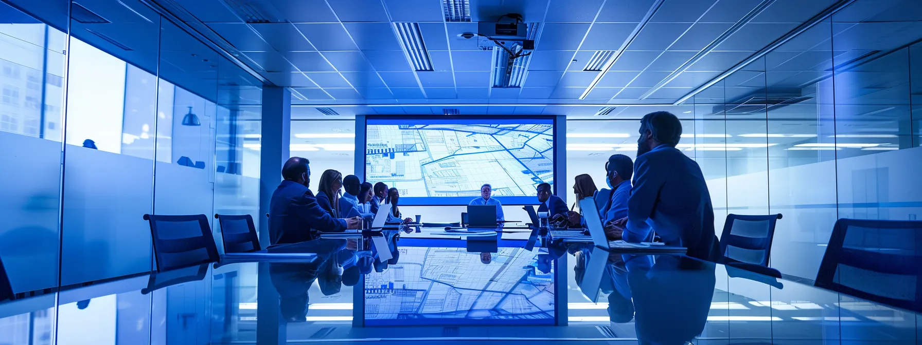a modern office meeting room, brightly lit, showcasing a diverse group of professionals engaged in a dynamic discussion around a large table, with blueprints of asphalt paving projects and hoa regulations prominently displayed on the screen behind them.