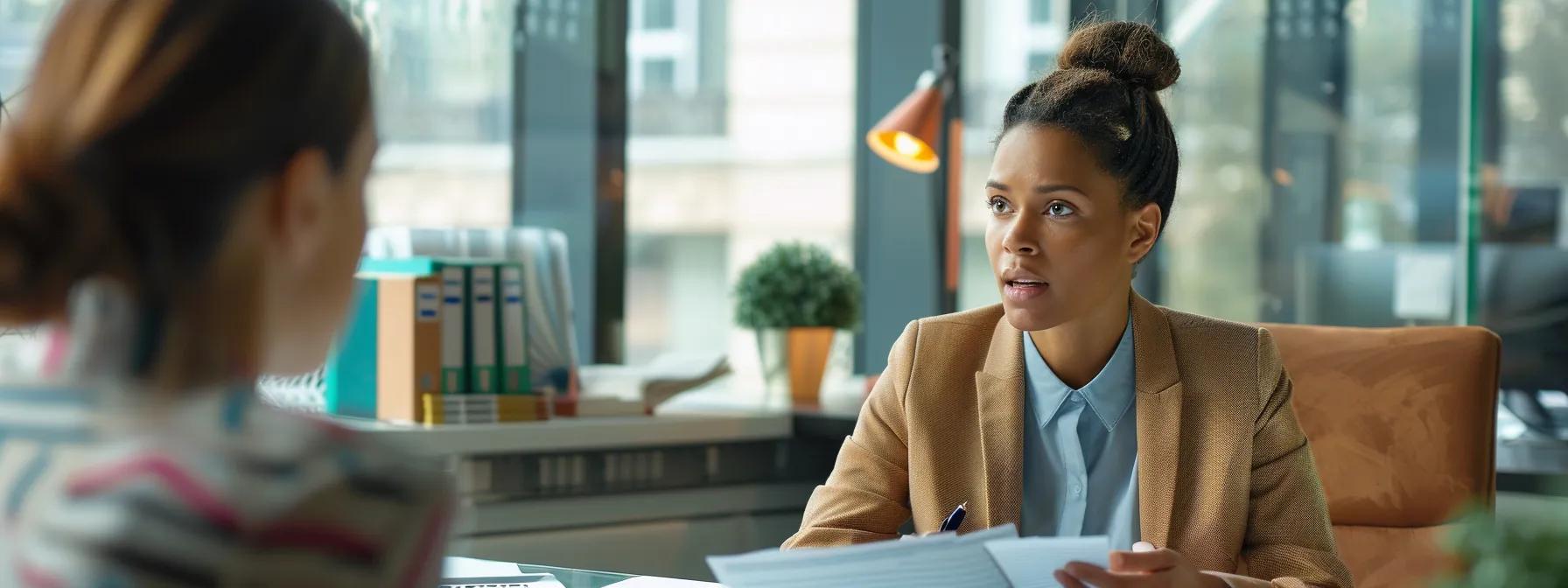 a modern office scene featuring a confident professional engaged in a focused discussion with a client, surrounded by documents and estate planning materials, symbolizing the journey of choosing the right living trust for effective estate management.
