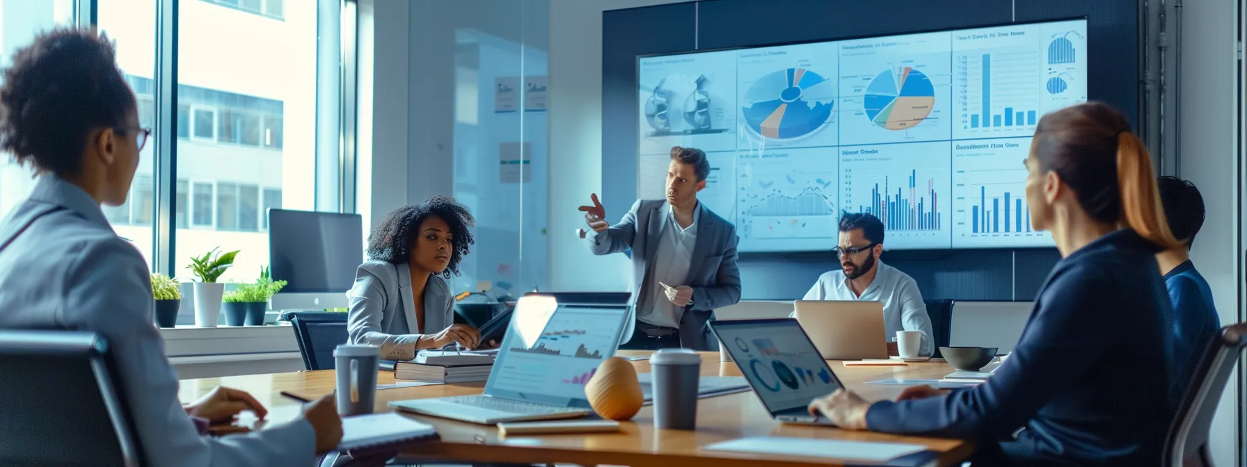 a modern office setting, featuring a diverse group of professionals engaged in a dynamic brainstorming session, surrounded by vibrant digital marketing visuals and strategic charts that highlight successful balanced marketing strategies.
