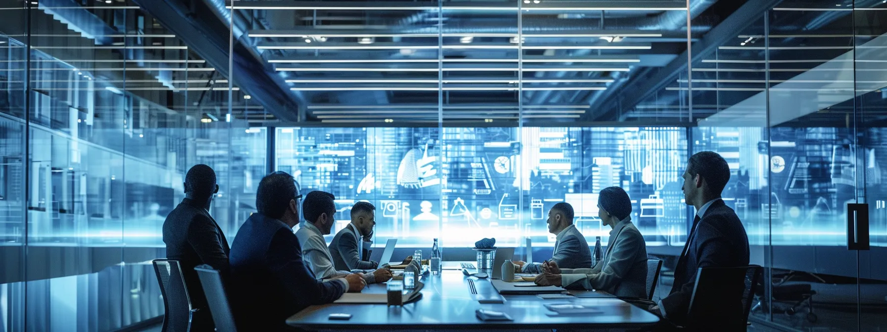 a modern office setting features a sleek conference table surrounded by engaged professionals as they analyze a projection of successful brand case studies on a screen, symbolizing strategic discussions on reputation management.