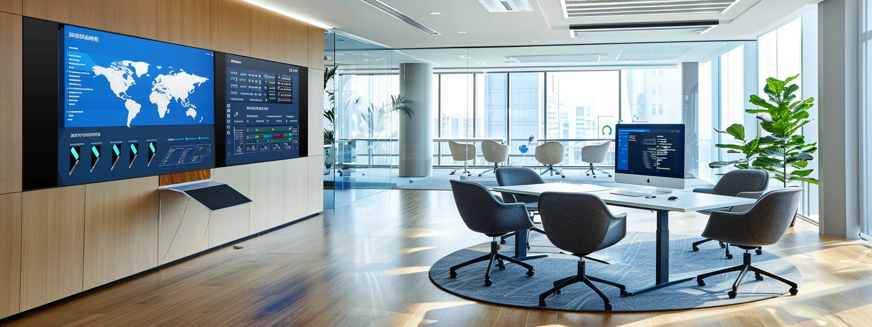 a modern office setting featuring sleek digital displays showcasing crm dashboards and seo analytics, enhanced with friendly ai elements and soft lighting, embodies the synergy of technology and strategic thinking in amplifying online reach. a modern office setting featuring sleek digital displays showcasing crm dashboards and seo analytics, enhanced with friendly ai elements and soft lighting, embodies the synergy of technology and strategic thinking in amplifying online reach.