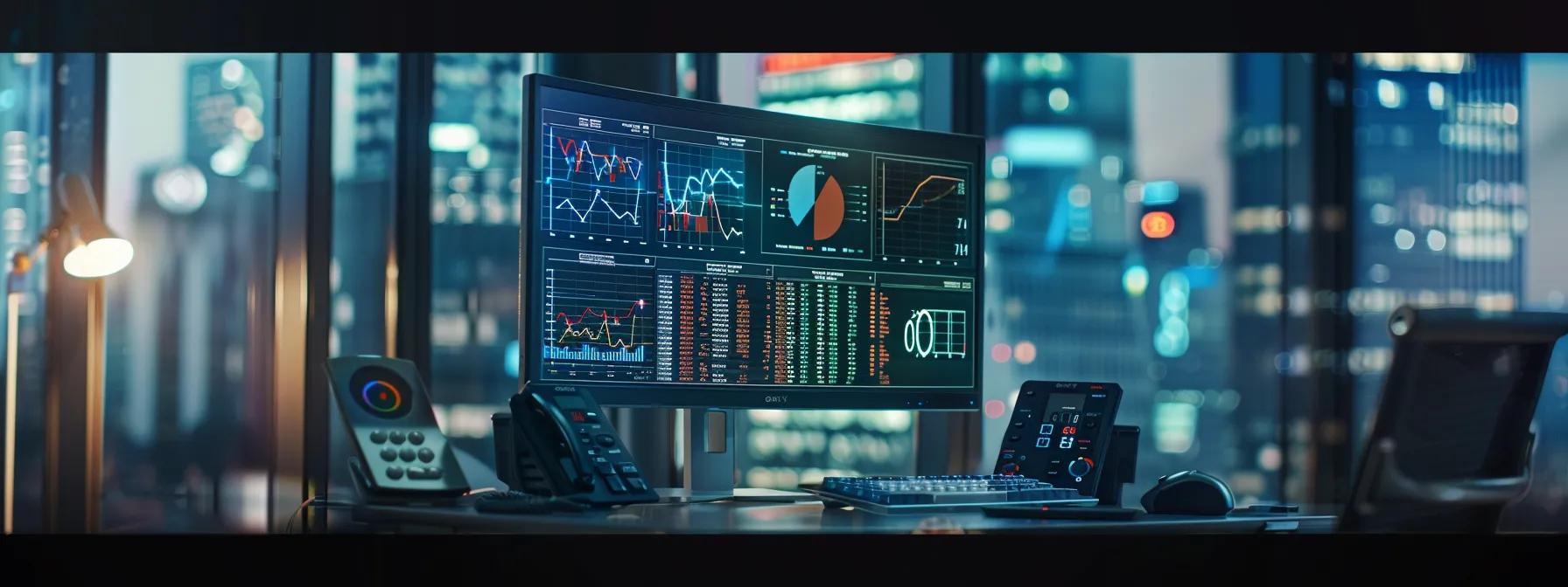 a modern office setting features a sleek computer screen displaying an analytical dashboard filled with vibrant graphs and charts, symbolizing the strategic planning of effective ppc bidding strategies to optimize ad spending.