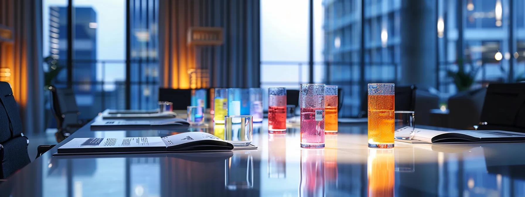 a modern office setting features a sleek conference table adorned with informational pamphlets and elegant glassware containing colorful delta-8 and delta-9 infused seltzers, illuminated by warm ambient lighting, reflecting a professional yet relaxed atmosphere conducive to informed decision-making about anxiety relief options. a modern office setting features a sleek conference table adorned with informational pamphlets and elegant glassware containing colorful delta-8 and delta-9 infused seltzers, illuminated by warm ambient lighting, reflecting a professional yet relaxed atmosphere conducive to informed decision-making about anxiety relief options.