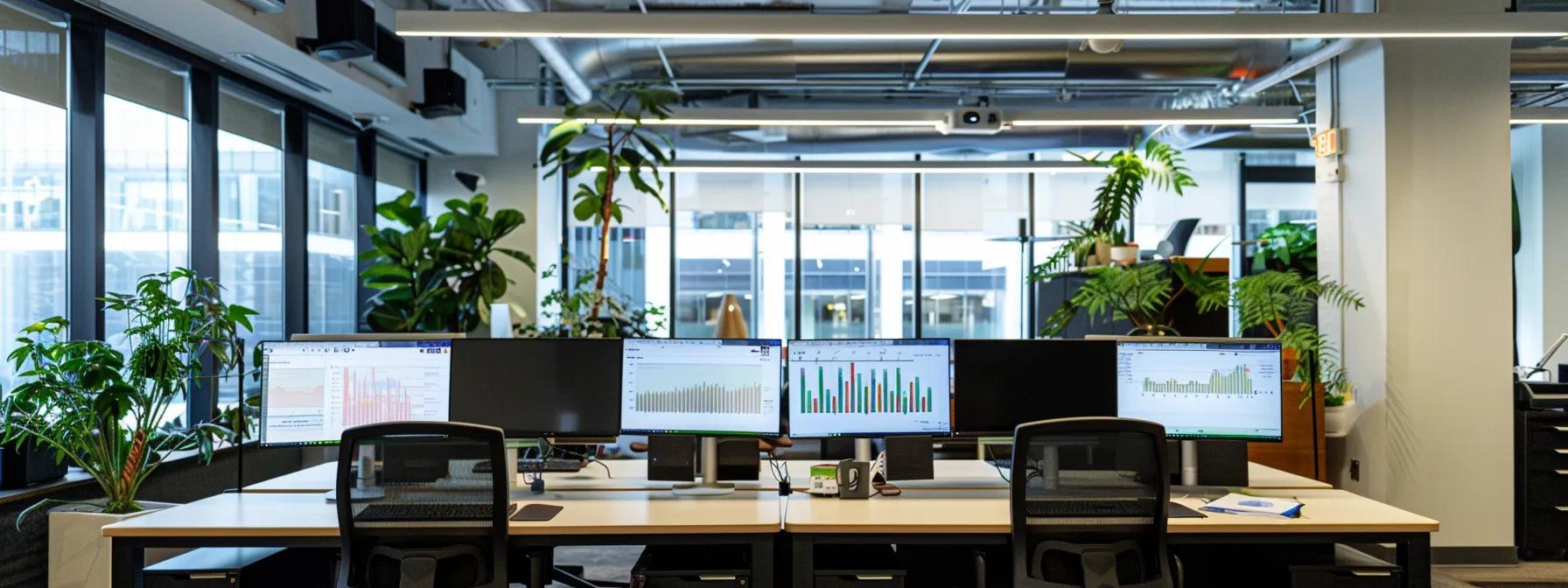 a modern office setting features a sleek workstation with dual monitors displaying graphs and analytics, highlighting the intersection of ai-driven seo tactics and user behavior data, illuminated by bright, focused overhead lighting.