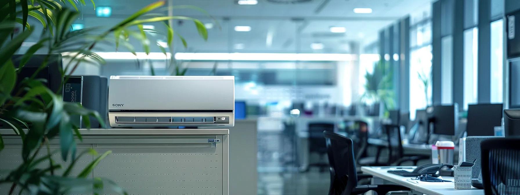 a modern office setting features a clean, sleek air conditioning unit prominently displayed beside a freshly replaced air filter, emphasizing the importance of regular maintenance for optimal indoor air quality.