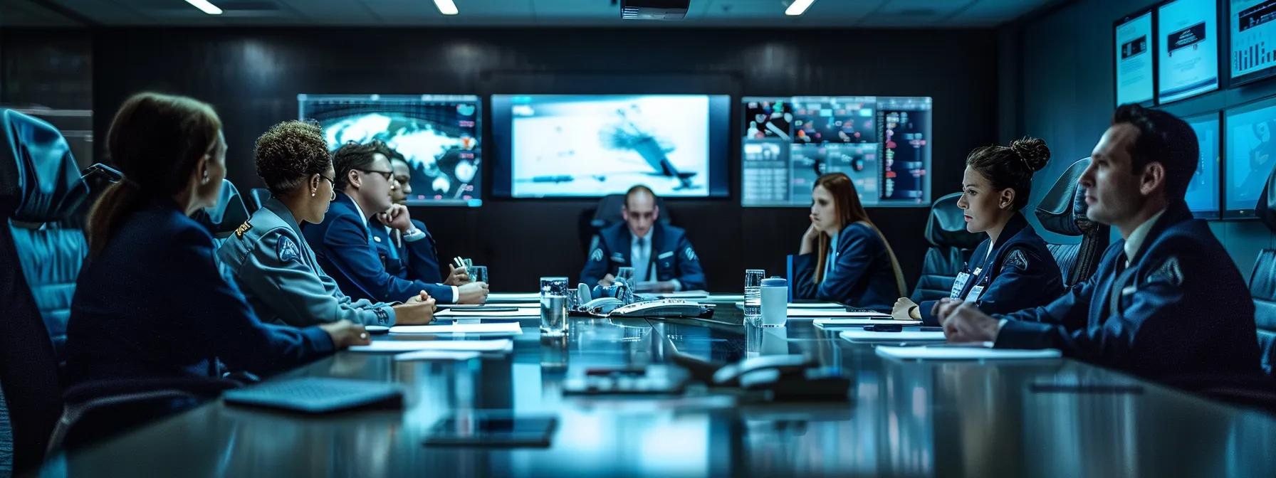 a modern office setting features a group of professional pilots engaged in a focused discussion around a sleek conference table, with visual aids displaying mental health resources in the background to emphasize the importance of comprehensive support services in aviation.