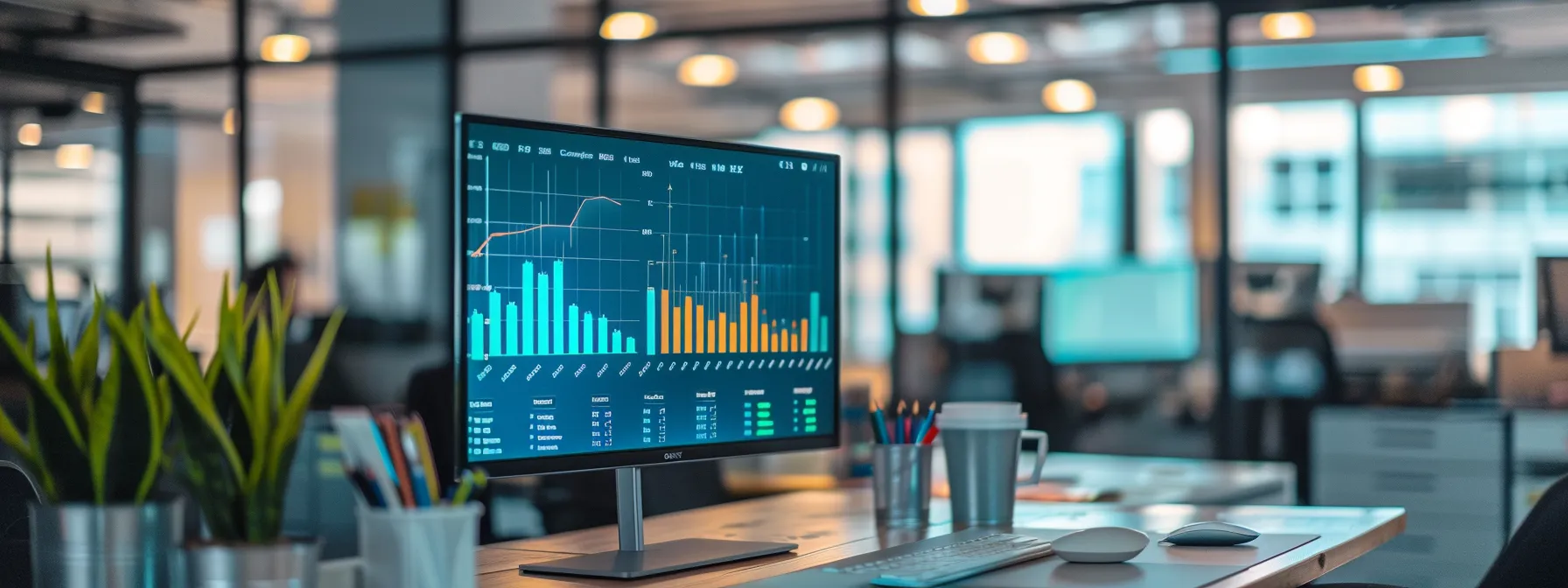 a modern office setting features a large, sleek digital display showcasing colorful graphs and key performance indicators, emphasizing the importance of measurable marketing goals in a dynamic atmosphere filled with focused professionals engaging in strategy discussions.