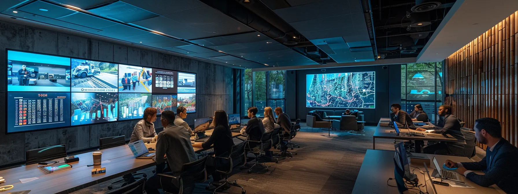 a modern office setting featuring a diverse team of professionals engaged in a collaborative discussion, surrounded by high-tech screens displaying data analytics and successful ai marketing case studies for an asphalt paving business.
